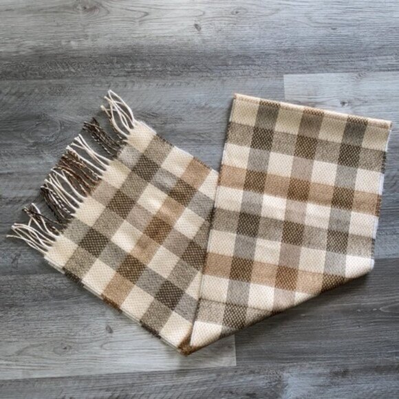 Cashmere Blend Knit Scarf Fringe Womens 12” x 64” Plaid Cream Brown Tan Lux $175 - Picture 3 of 3
